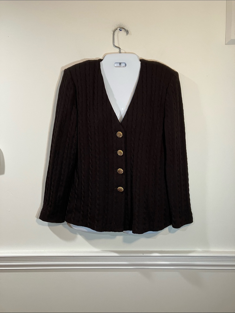 St John Collection by Marie Gray Blk Cable-Knit V-Neck Sweater w/ Gold Buttons 4
